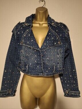 Cropped Embellished Dark Blue Denim Jacket